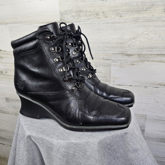 Timberland Hill Leather Square Toe Boots Sz 7 Black Lace Up Wedge Heel Victorian - Picture 5 of 16